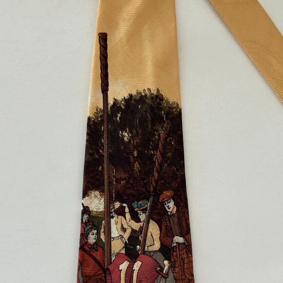 Polo By Ralph Lauren Golf Scene Neck Tie Gold Multicolor Silk Hand Made USA VTG - Picture 10 of 16